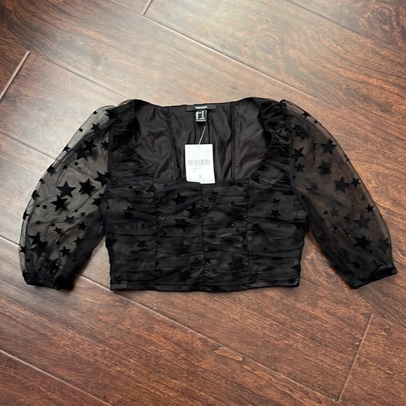 Forever 21 Star Print Black Mesh Crop Top - Picture 6 of 8